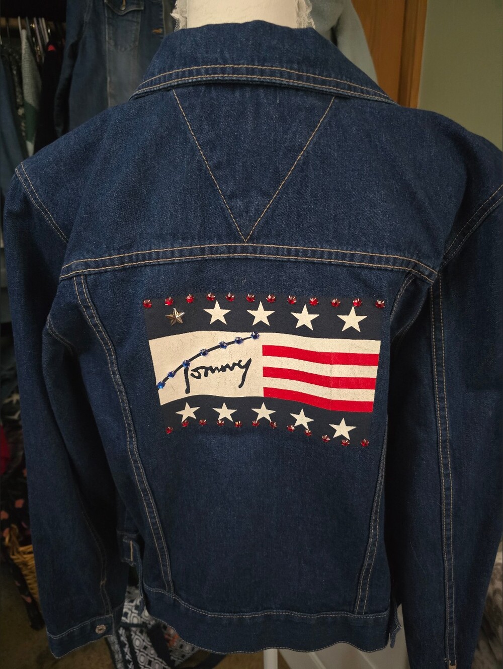 Tommy Hilfiger Classic Vintage Jeweled Signature USA Flag Denim Jacket
